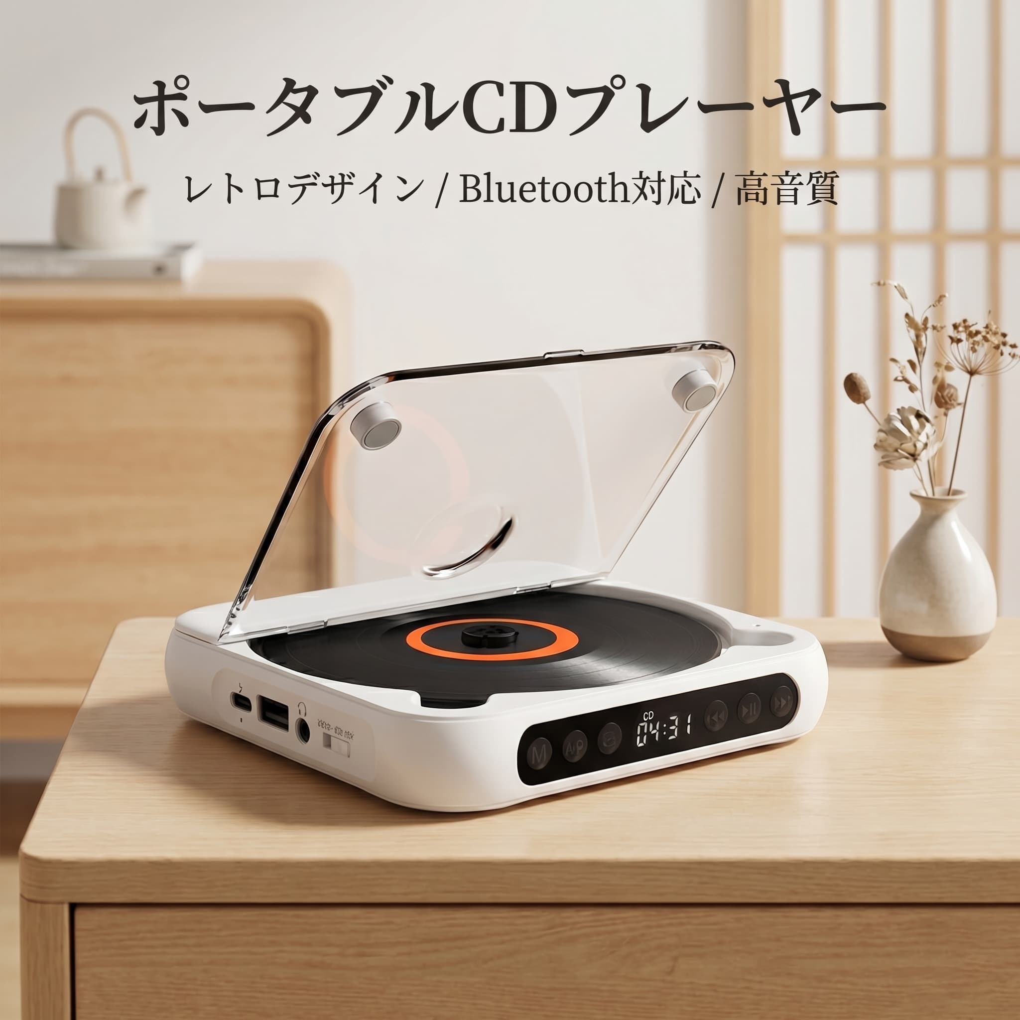 ポータブル CDプレーヤー Bluetooth対応 HiFi高音質 USB再生 CD CD-R CD-RW MP3対応 Type-C充電 2000mAh 長時間再生 コンパクト 軽量 レトロデザイン