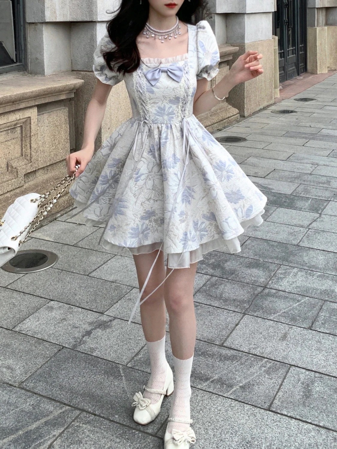 ロリータ コスプレ 2024新作 夏 ロリータ ワンピース ブルー 蝶結び 着痩せ スクエアネック 可愛いサンタコスプレ