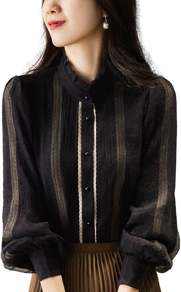 パフスリーブシフォンブラウス レース 立ち襟 裏地あり モノトーン 透け感 シック 小さいサイズ ブラウスレディース ボリュームスリーブ バイカラー( ブラック, XL) 5,107円