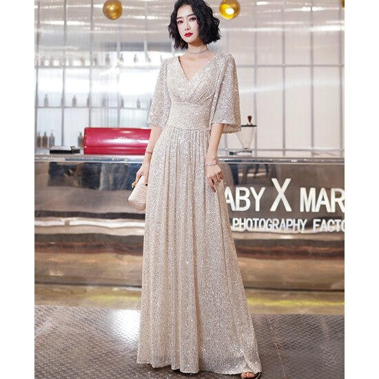 【取寄：納期2週間】演奏会ドレス ロングドレス 大きいサイズ 2XL ロングスカート フライングスリーブ Vネック