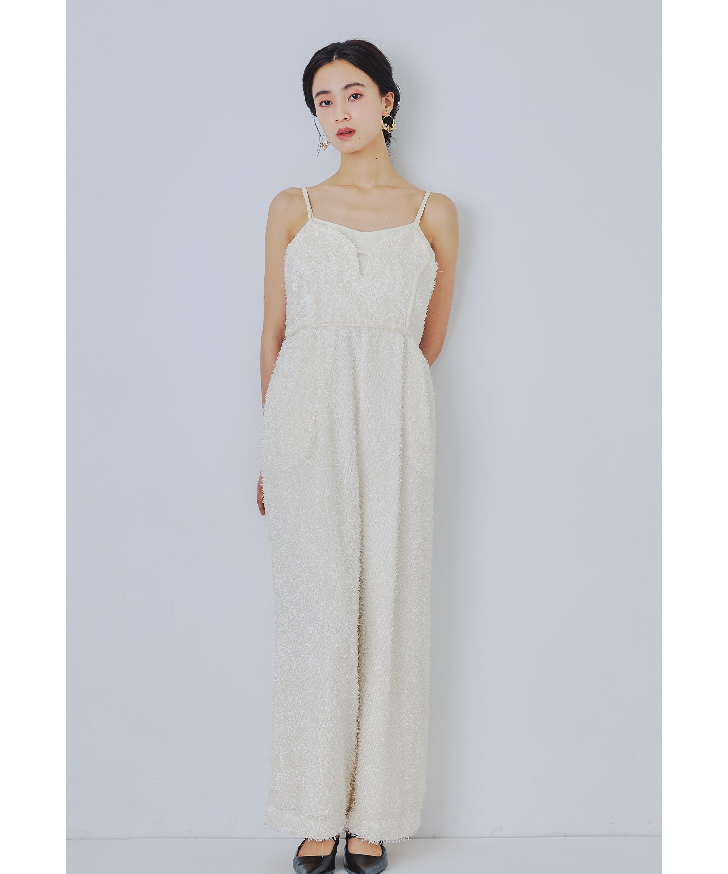 シャギーオールインワンドレス パーティードレス 結婚式 パンツドレス ジャガード キャミ レイヤード リボン ワイドパンツ お呼ばれ パーティー 二次会 披露宴 謝恩会 成人式 同窓会 入学式