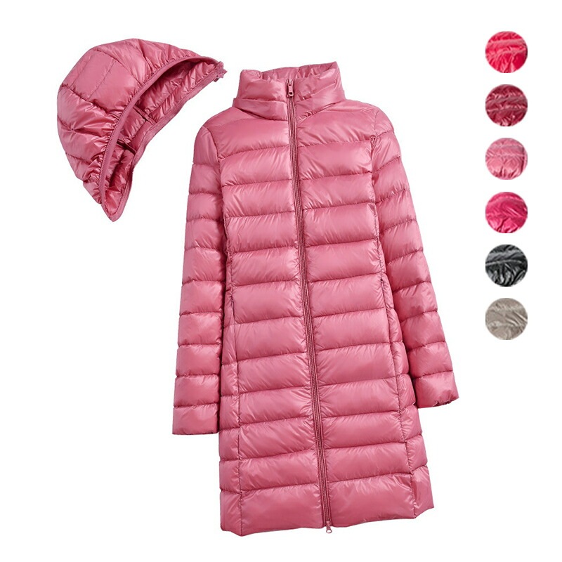 ダウンコート レディース ロング おしゃれ 光沢 フード付き ダウンケット 収納袋付き 膝丈 軽量 暖かい ファッション アウター 20代 30代 40代 女性着 赤 レッド カーキ オーバーコート