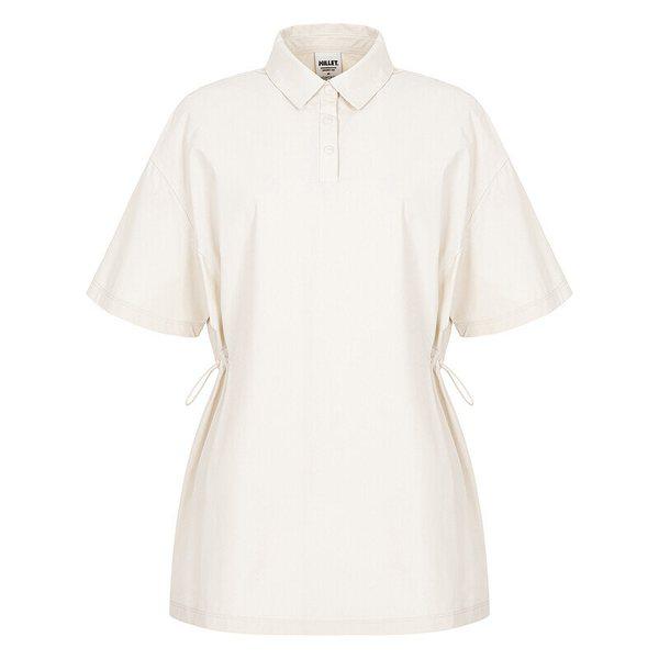 女性用夏のアウトドア半袖冷感ウエストストリングLDビアウーブンカラーTシャツエクリュ_CC