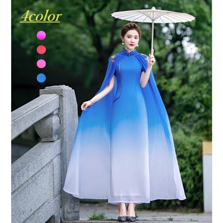 チャイナドレス ロング丈 半袖ドレス+マント2点セット 刺しゅう グラデーション エレガント 優雅 女性 大人用 ママさん　中華ドレス ロング チャイナ ワンピー30%までに制限