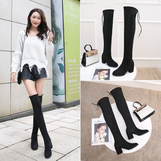 【取寄：納期2週間】ロングブーツ レディース ブーツ ニーハイブーツ 靴 シューズ 太ヒール シンプル 無地 黒 ブラック カジュアル お出掛け おしゃれ スエード ロング丈 秋冬 膝上