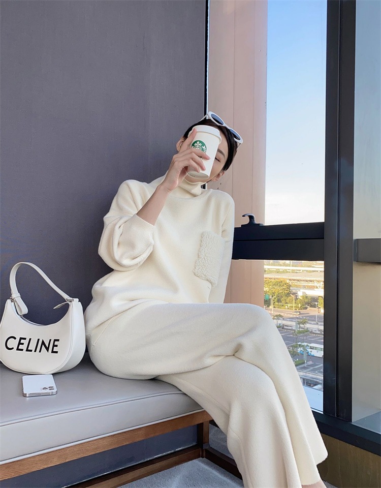 早い者勝ち タートルネック ニットトップス セーター ワイドパンツ ファッション 洋風 2点セット 大人気