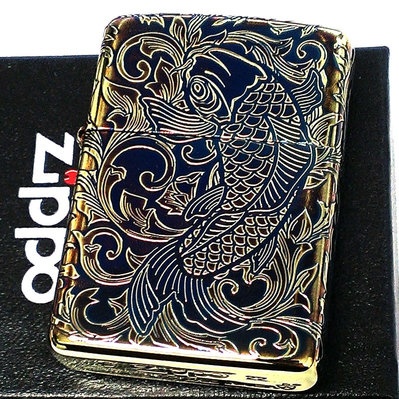 ZIPPO アーマー 昇鯉 アラベスク ジッポ ライター ゴールド 5面彫刻 金タンク おしゃれ 和柄 綺麗 かっこいい 金メッキ いぶし仕上げ メンズ 高級 ギフト プレゼント