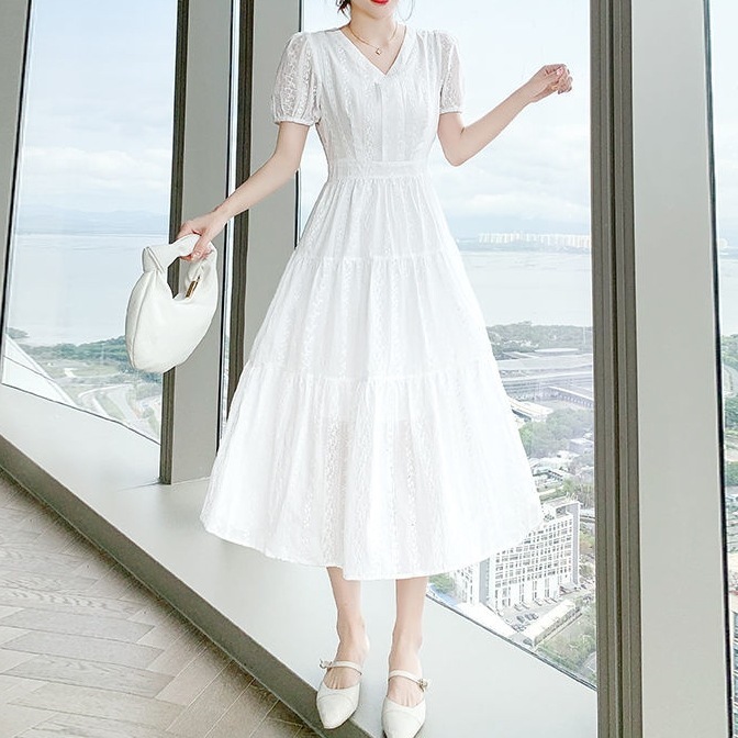 ワンピース レディース フレアワンピース S M L XL 韓国 ティアード 総レース ロング丈 半袖 Vネック レース フリル Aライン かわいい 大人可愛い こなれ感 ラフ フェミニン お洒落