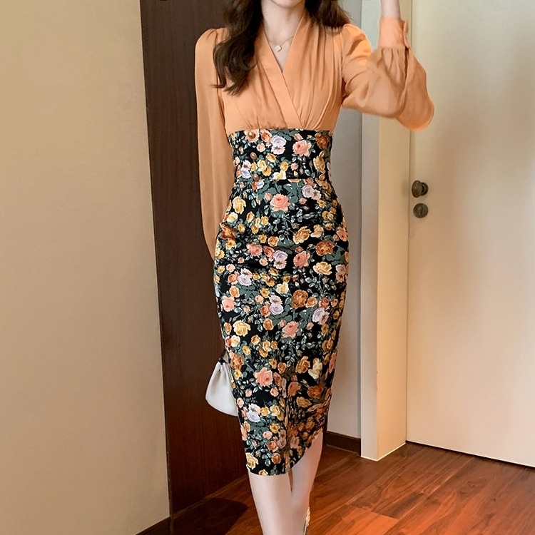 ワンピース レディース ワンピースドレス S M L XL 2XL 韓国 膝下 ミディアム丈 長袖 Vネック スリム タイト ハイウエスト 透け感 かわいい 大人可愛い きれいめ 上品 エレガント