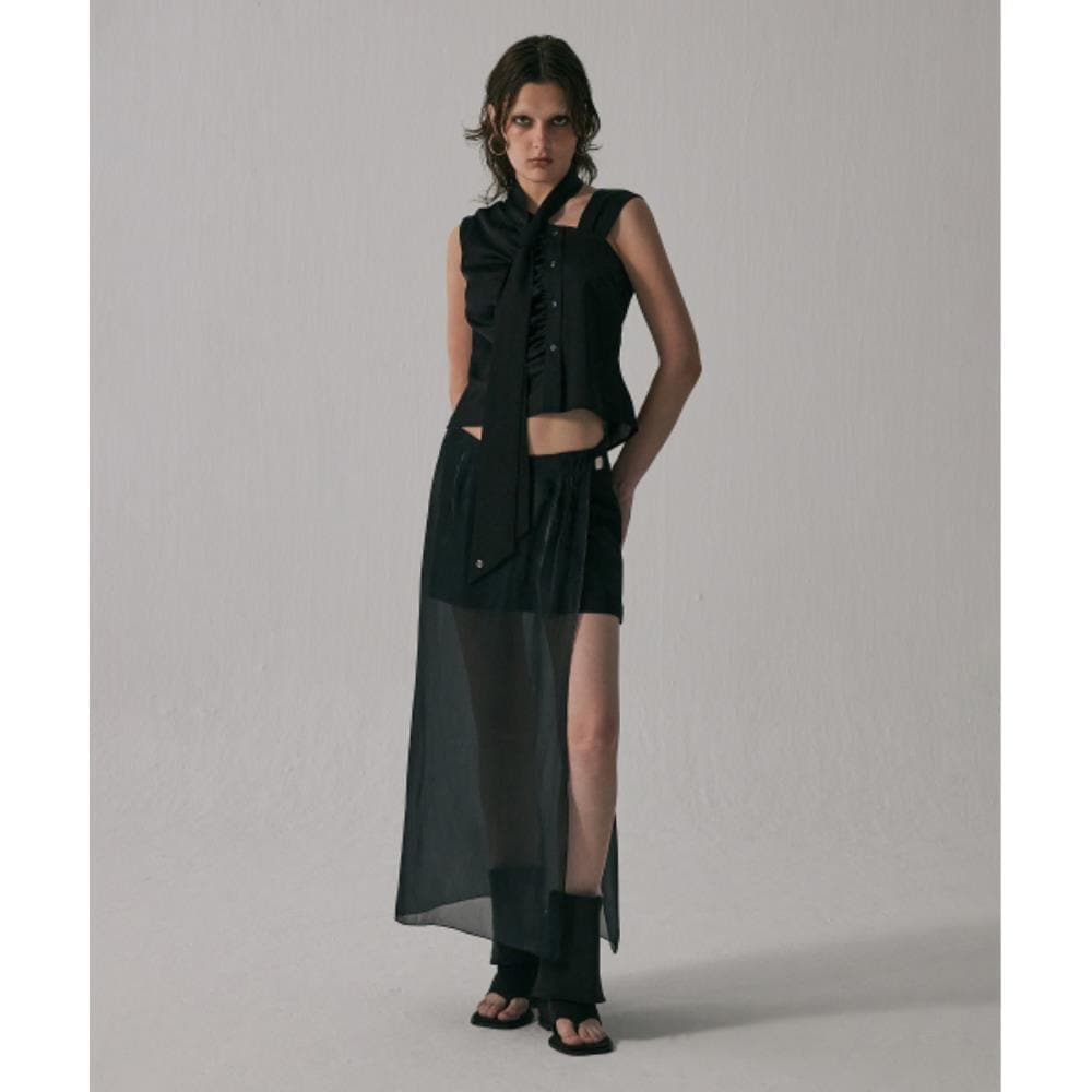 TREEMINGBIRD Tied Shirring Crop Shirts Black TMB242SR7