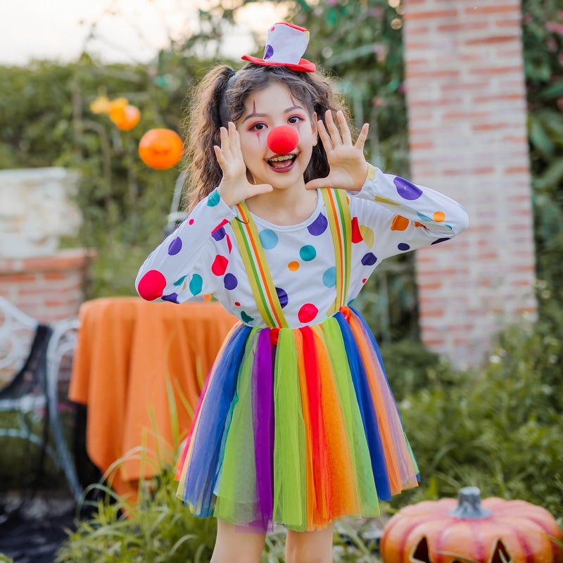 ハロウィン 子供用 ピエロ コスチューム パフォーマンス衣装 メッシュ ステージ キャットウォーク ダンス衣装 学生用 レインボー チュチュ スカート 子供服 女の子