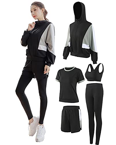 [DawnRain] スポーツウェア レディース ヨガウェア 半袖 パンツ 半袖 スポーツブラ パンツ スーツ 半袖 スポーツブラ パンツ 5点セット