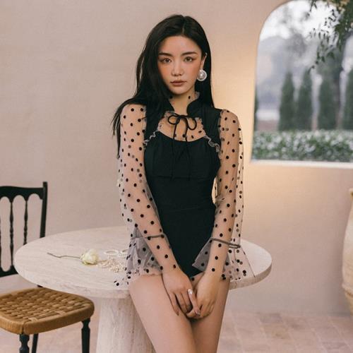 【急速出荷 2025年新作】水着 ワンピース スイムウェア レディース 体型カバー 韓国 ドット柄 夏 可愛い カバーアップ ママ シースルー 長袖 セクシー お腹カバー レトロ フリル バックコンシ