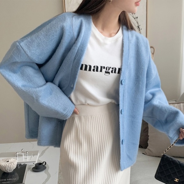 韓国ファッション ルーズフィット Vネック アルパカ ニット カーディガン