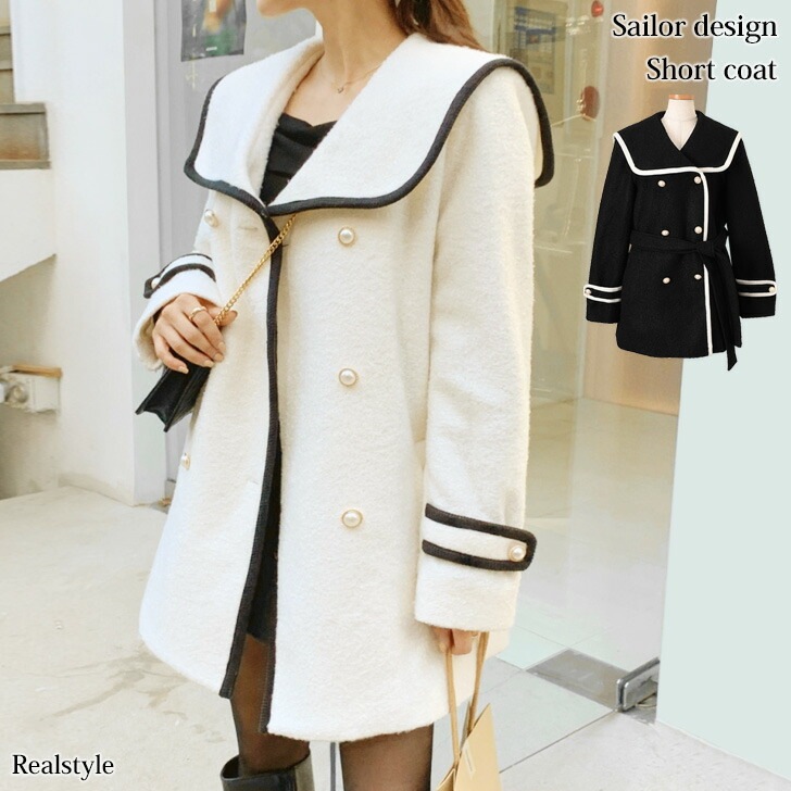 ウールブレンドセーラーデザインショートコート レディース アウター 秋 冬 暖かい あったか 極暖 防寒 厚手 もこもこ ピーコート ジャケット 裏地付き ウエストマーク 保温 おしゃれ かわいい パ 16,632円