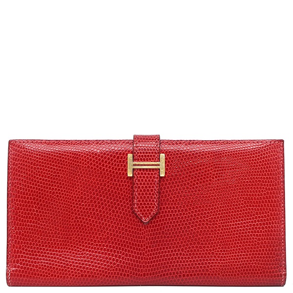 エルメス 長財布 ベアンクラシック リザード ルージュヴィフ ゴールド金具 赤 二つ折り財布 G刻印【中古】