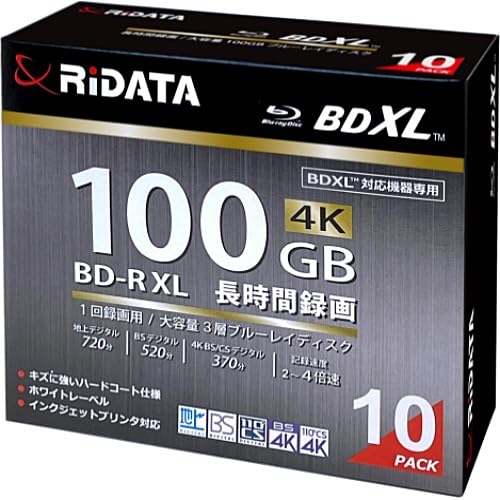 ・RiDATA （ライデータ） 1回録画用 片面3層 2-4倍速 ブルーレイディスク ホワイトプリンタブル BD-R XL 100GB 10枚 RiTEK BR520EPW4X.10SC