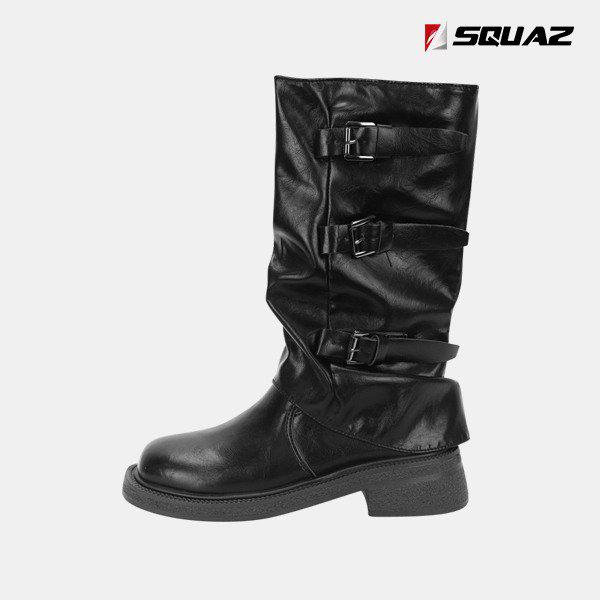 女性レザーブーツ トリプルバックルストラップ ロングブーツ SSS703