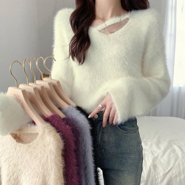 ニットセーター Vネック シャギーニット レディースふわふわ ふんわり トップス 秋冬 長袖 ボリューム感 保温性 プルオーバー 防寒(メール便送料無料) 4,655円