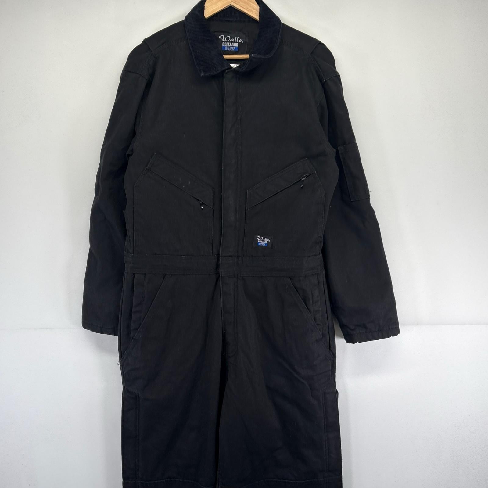 古着 ウォールズ walls 長袖つなぎ ダック オールインワン 中綿 ワンポイントロゴ 襟コーデュロイ CHEST 38/40 ブラック メンズ