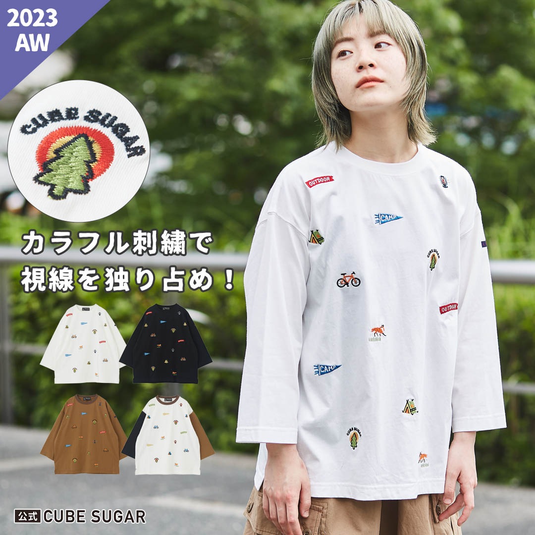 刺繍シャツ 天竺 カットソー アウトドア 刺繍 シャツ (色): アメカジ レディース トップス シャツ アウトドア キャンプ アクティブ 半端袖 分袖 クルーネック 丸首 総柄 カジュアル キ