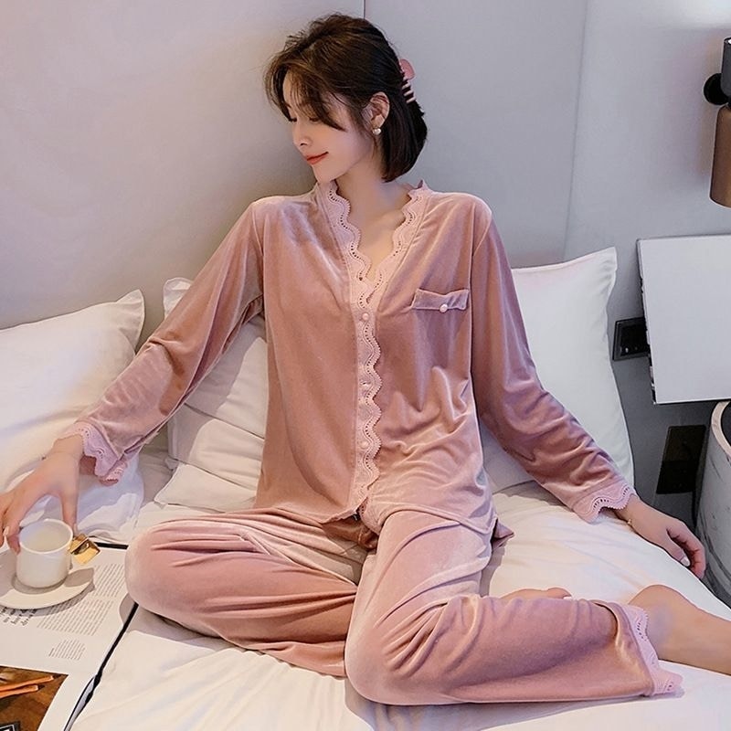 ルームウェア パジャマ 部屋着 寝巻き ナイトウェア 長袖 Vネック もこもこ 前開き ウエストゴム 上下セット 2点セット かわいい 大人 セクシー 秋 冬 レディース お泊まり 旅行 普段使い