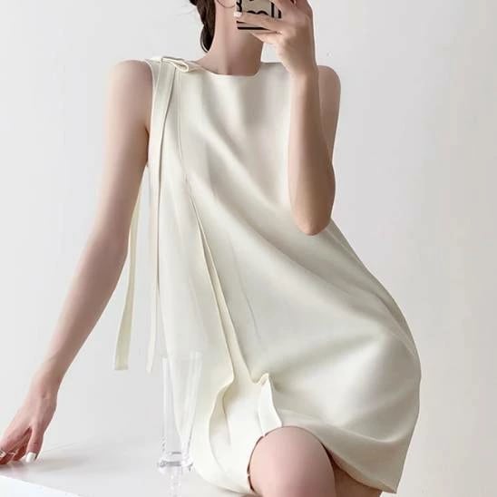 今も人気！レディース スカート ワンピース ドレス ミニスカート ミニ ショート 袖なし ノースリーブ ラウンドネック 襟なし Aライン フェミニン リボン かわいい 大人可愛い きれいめ シンプル