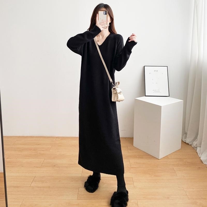 ドレス 韓国ファッション ベーシックニット Vネック ワンピース ニットワンピース セクシー ワンピース 百掛け 着痩せ ロング ワンピース 冬のワンピース