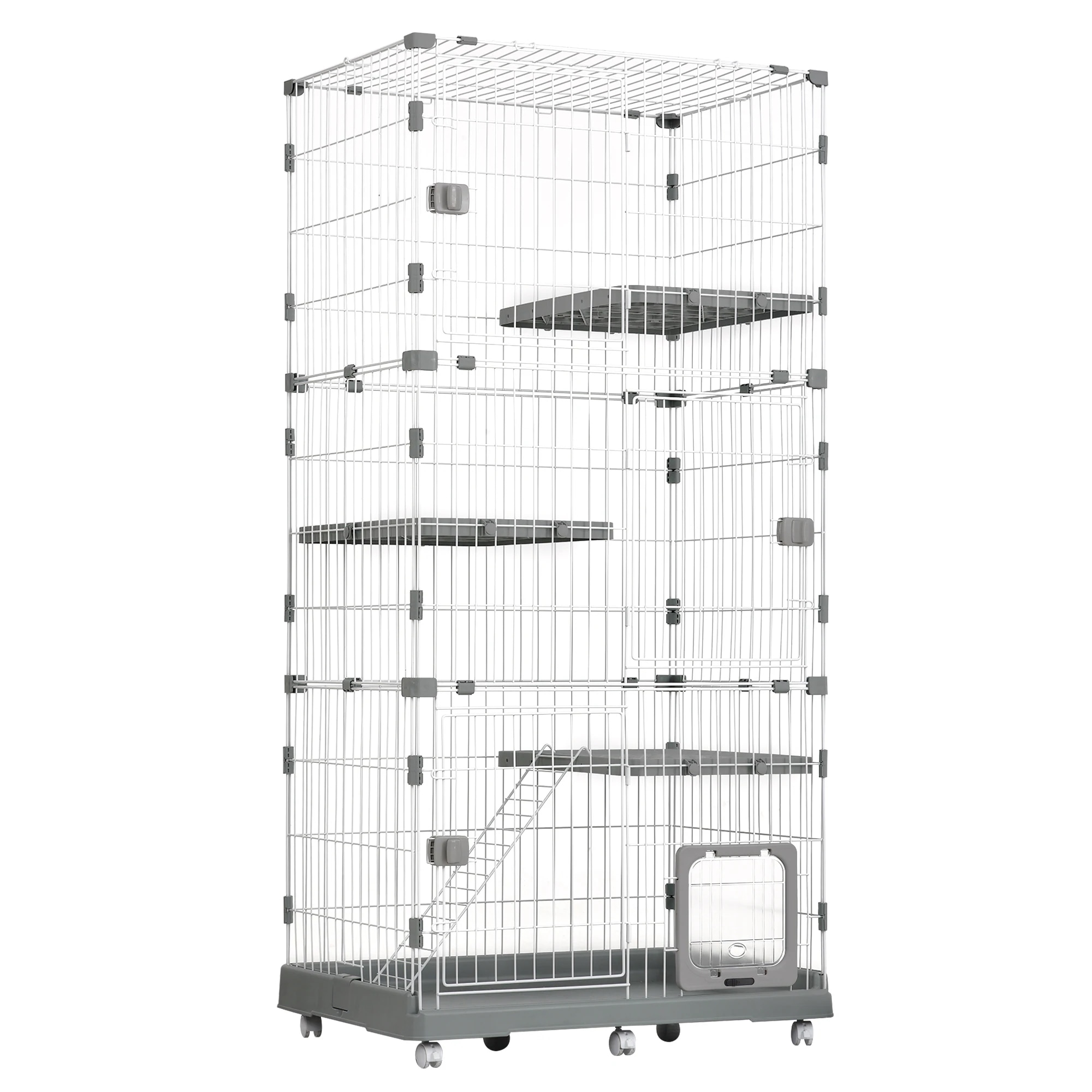 1443猫 ケージ 収納型 キャットケージ 3段 1段2段可能 キャスター付 キャットハウス 【グレー】 14,484円