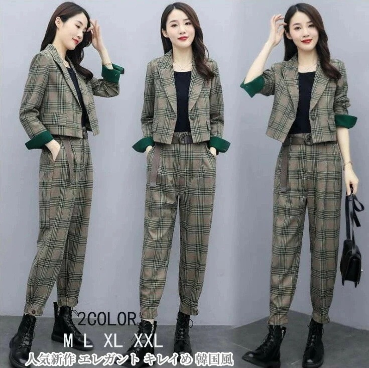 【ジャケット＋パンツ】レディーススーツ パンツスーツ セットアップ 20代 30代 40代 レディース スーツジャケット 春秋冬新作 上品 チェック柄スーツ 韓国風 入学式 卒業式 通勤 OL 大きい