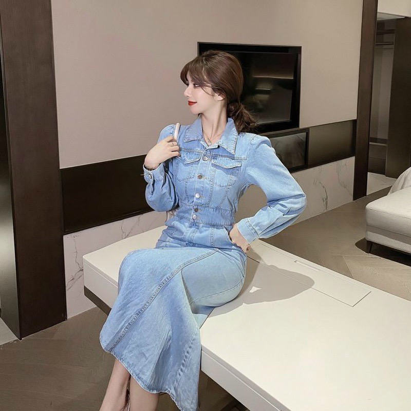 レディース デニム ワンピース 7分袖 ロング スカート スリット スリム 無地 春秋 カジュアル 大人可愛い エレガント フェミニン オフィス お出かけ デート デイリー ブルー S M L XL