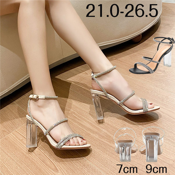 サンダル レディース かかと有り 選べるヒール 7cm 9cm ハイヒール 透明ヒール クリアヒール アンクルストラップ ストラップサンダル キラキラ 可愛い かわいい ヒールサンダル 小さいサイズ