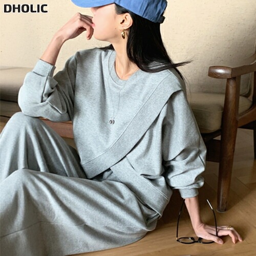 ラウンドネックスリットウエストゴムラグランオーバーサイズロングルーズアンバランス長袖無地ツーピース(トップスボトムス)パンツスウェット・1955148