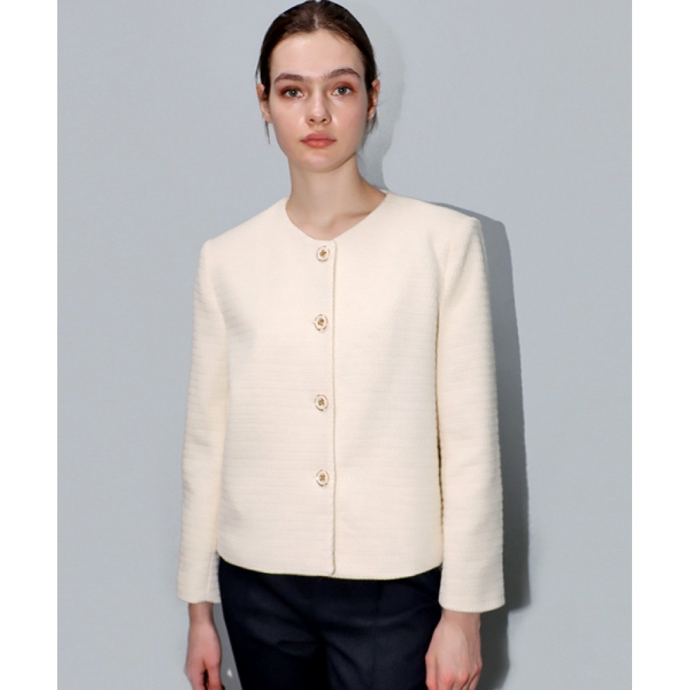 DAMAGE MNEMONIC ジャガード ラウンドネック アイボリージャケット_ Jacquard Round neck Ivory JK