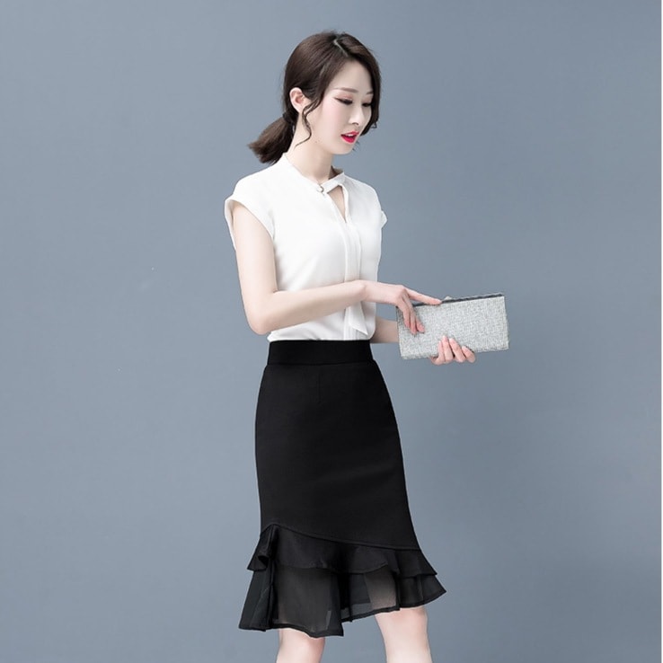 マーメイドラインスカート フリル付きスカート シフォン生地スカート オフィスカジュアル フォーマルスカート スカート ロングスカート タイトスカート 膝丈 ひざ丈 膝上 膝下 ミモレ ミモレ丈 タイト