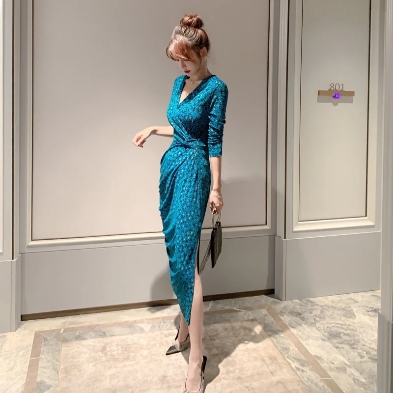 レトロ 柄ワンピ シルム スリット ドレス パーティー 着痩せ 大人 お呼ばれ 同窓会 披露宴 卒業式 結婚式 ウェディング 二次会 成人式