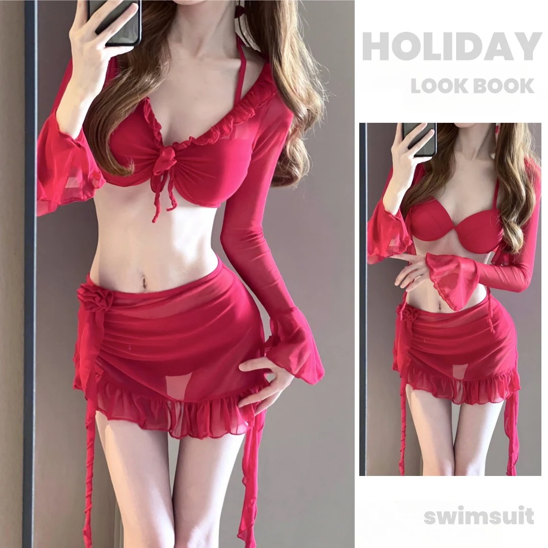 可愛いビキニ 気沸騰水着 新作スプリットボクサー保守的な長袖日焼け止めカバーアップスチールブラ水着スパ