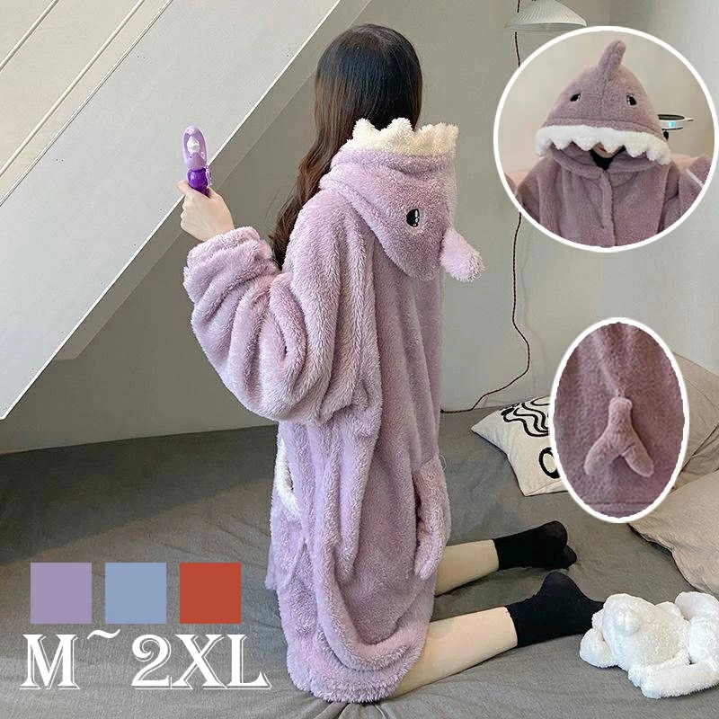 もこもこルームウェア パジャマ 上下セット ワンピース フランネル フード付き 秋 冬 長袖 部屋着 かわいい シャーク 寝巻き M L XL 2XL 送料無料 楽天海外通販