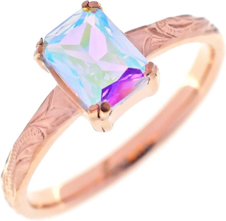 Piena ピエナ サージカルステンレス キュービックジルコニア ハワイアンジュエリー スクエアストーン スクロール プルメリア リング(ピンクゴールド/オーロラ, 11号)