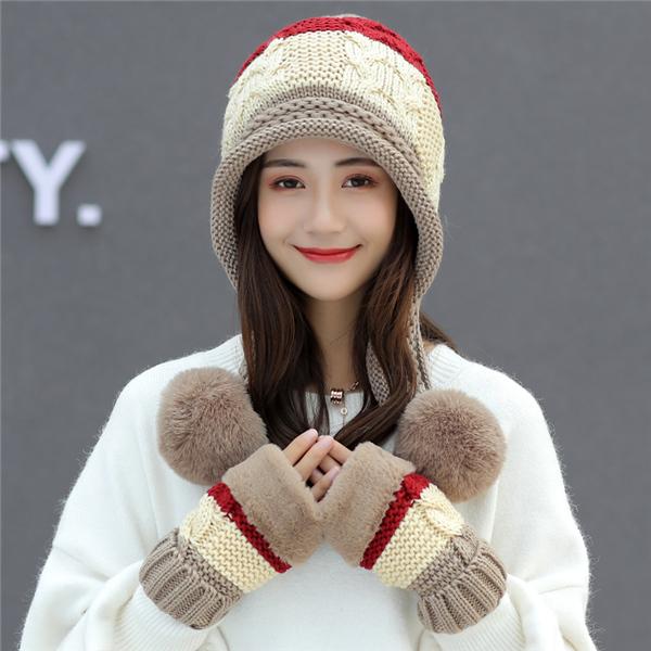 選べる福袋耳あて付き 可愛い オシャレ 2点セット 手袋 レディース ニット帽子 キャップ 小顔効果 暖かい ポンポン付き もこもこ 耳あて付き 防寒