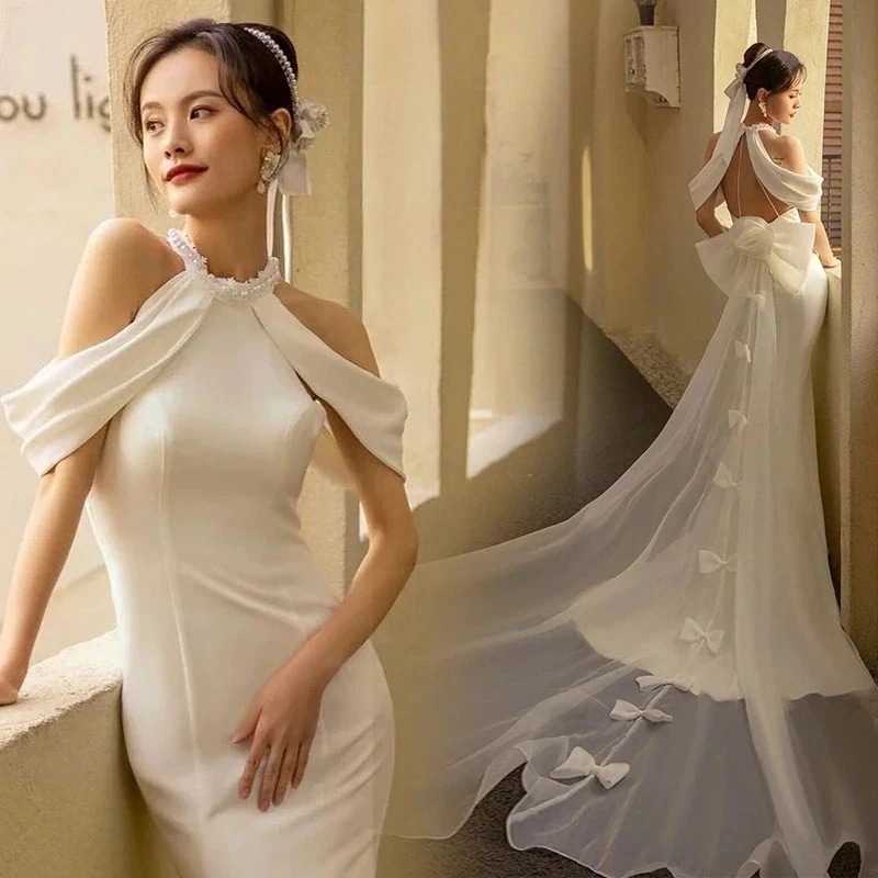 【急速出荷!】ウェディングドレス白トレーンラインスレンダー背中空きロングドレス白結婚式二次会披露宴前撮り後撮りビーチフォト花嫁海外挙式大きいサイズ今日は30パーセント