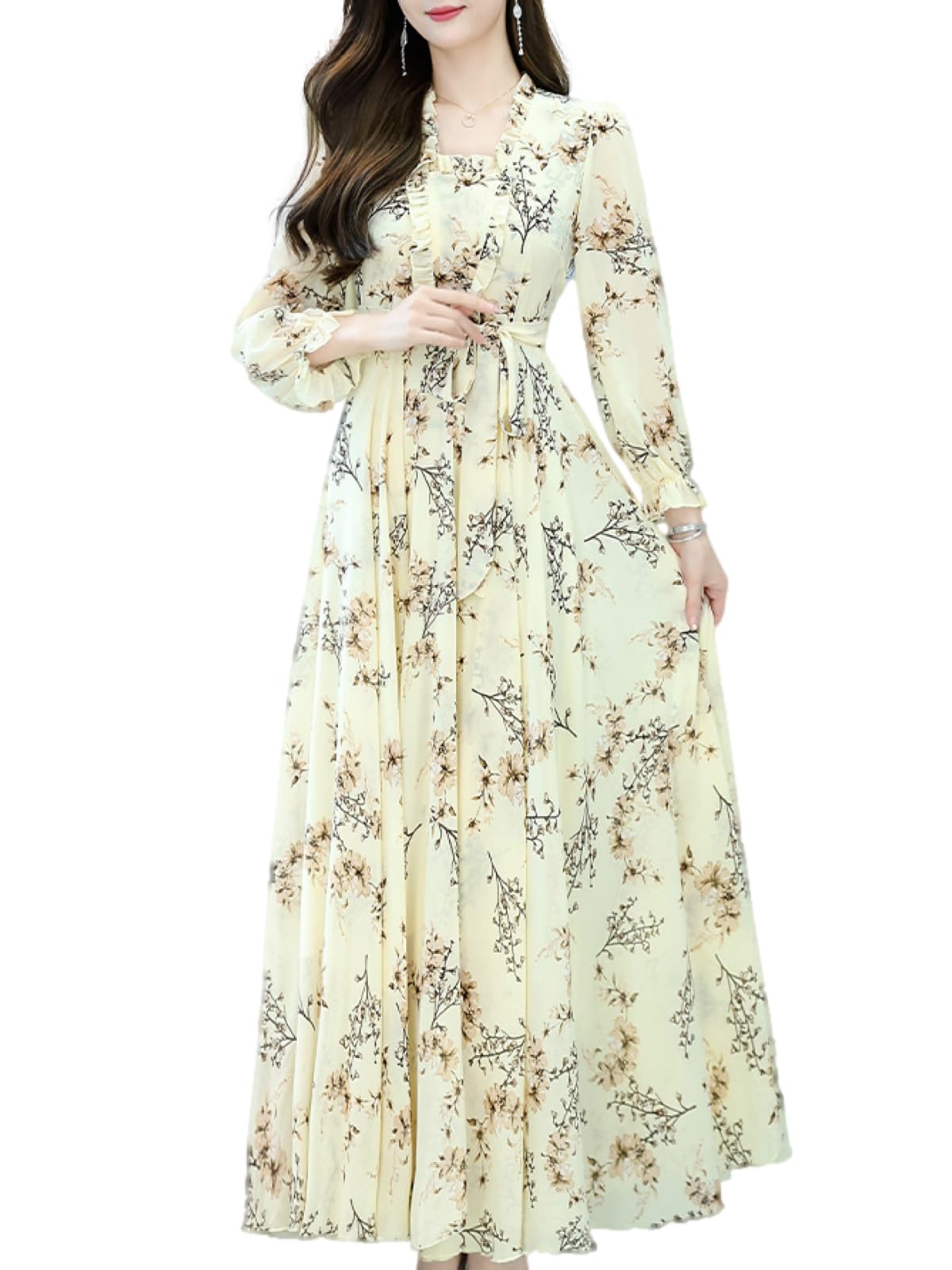 [ビーエヌワン セレクト] ワンピース レディース 春 秋 ロング きれいめ Aライン 花柄 フリル スクエアネック イエロー BN229 YEL XL