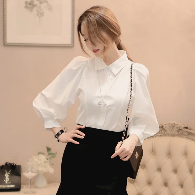 トップス シャツ 白シャツ 袖なし 長袖 ランタンスリーブ 襟付き スリム きれいめ シンプル 上品 おしゃれ お洒落 かっこいい かっちり 大人女子 クール フォーマル 無地 オールシーズン