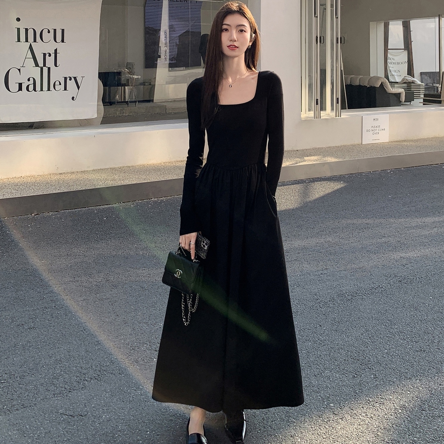 ワンピース ロングワンピース フレアワンピース ロング丈 長袖 スクエアネック ポケット 切り替えデザイン タイト かわいい 大人可愛い きれいめ シンプル カジュアル 上品 おしゃれ かっこいい