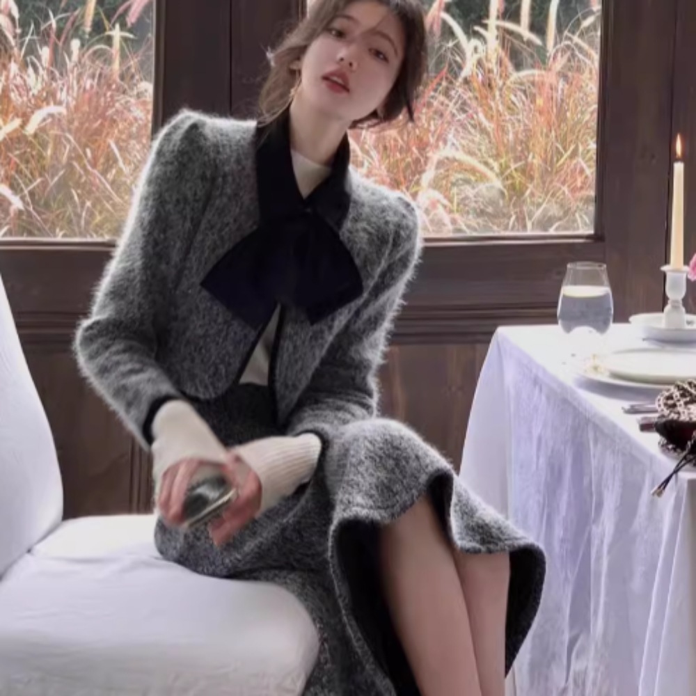 2点セット セットアップ 上下セット トップス ジャケット スカート 長袖 ボウタイリボン かわいい 大人可愛い きれいめ シンプル カジュアル 大人 上品 おしゃれ かっこいい レトロ クール