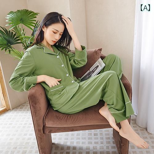 パジャマ　レディース　上下 パジャマ レディース 春秋 スタイル 綿 カーディガン 長袖 グリーン シンプル カジュアル 快適 家庭 服 エアコン 付き 部屋