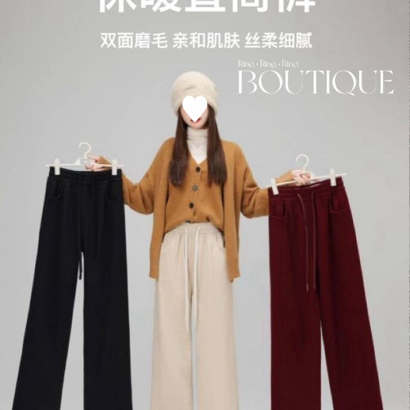 新しい冬のウールシルクハイウエスト秋と冬の女性のためのストレートレッグカジュアルスリムパンツプラスベルベットの厚くなったストレートレッグパンツ