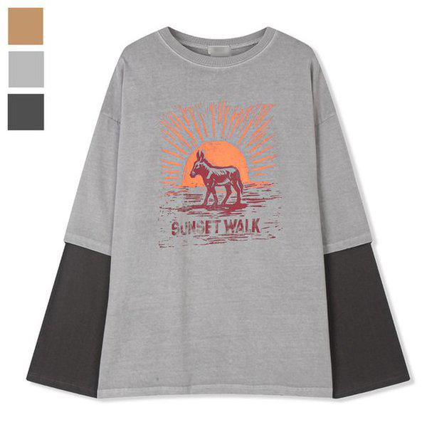 メンズサンセットピグメントレイヤード長袖Tシャツ ML-TSA-Q002-グレー