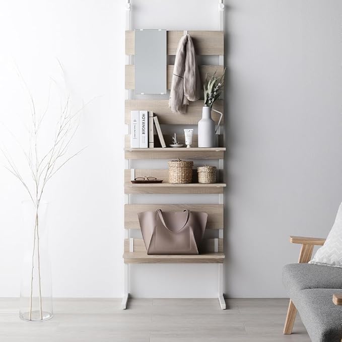 棚 突っ張りラック ミラー・フック付き 本体・60cm幅 ナチュラル×ホワイト 壁面収納 パーテーション ウォールラック