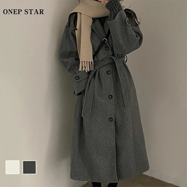 【挑戦最安値】ステンカラーウール調コート レディース ロングコート ウール調 ベルト 長袖 スリット入り ゆったり 体型カバー 大人カジュアル 秋 冬 20代 30代 40代 50代 ワンピスター